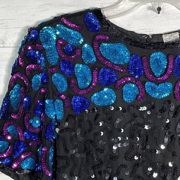 Vintage Stenay 100% Silk Black Sequin Beaded Evening Party Formal Dress - Picture 2 of 6